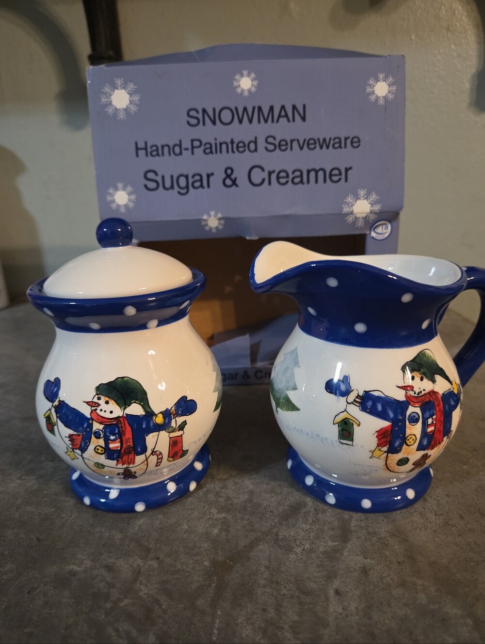 Vintage Today's Living Holiday Snowman Ceramic Sugar And Creamer Set With Box.